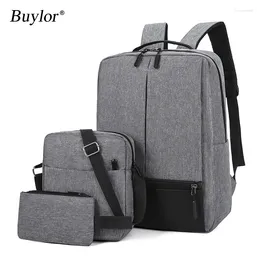 Backpack Buylor Business Men's Leisure Multi-function Usb Charging Laptop Bag Large Capacity Oxford 3-piece Travel Backpacks Set