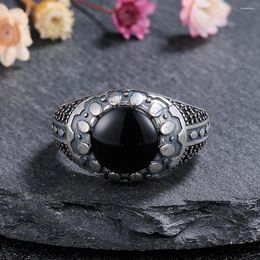 Cluster Rings 925 Sterling Silver Jewelry Ring Natural 10mm Round Big Black Agate Stone Vintage For Women Party Gifts