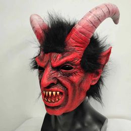Party Masks Horror Lucifer Face Red Devil Mask Role Play Animal Horn Latex Helmet Halloween Carnival Terror Costume Props Q240508