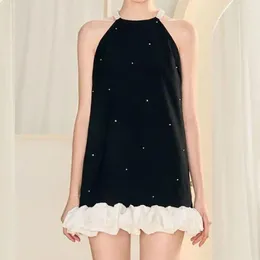 Casual Dresses Handmade Rhinestone Beaded Black Sling Mini Dress Female Korean Elegant 2024 Summer White Ruffles Hem Evening