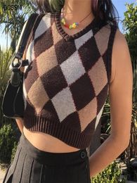 Women Vintage Sweater Vest Y2k Tops Argyle Sweater Sleeveless Plaid Knitted Crops Tops Sweaters for Women Clothing Y2011282581489