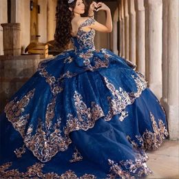 2024 Princess Navy Blue Off spalla Quinceanera Abiti Appliques perle in pizzo festa dolce 16 abito da ballo Vestidos de 15 anos 0509