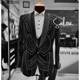 Black Luxury Beading Blazers Men Suits Crystal Fashion Banquet 2 Piece Business Jacket Pants Trousers