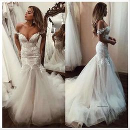 Off The Shoulder Appliqued Lace Mermaid Dresses 2023 Tulle Bottom Bridal Dress Backless Country Wedding Gowns 0509