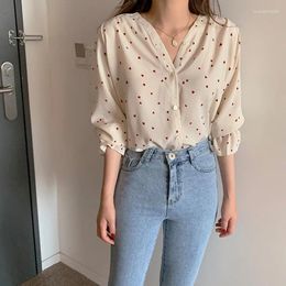 Women's Blouses Spring And Autumn Fashion V-neck Love Print Shirt Sweet Long Sleeve Loose Petal Blouse