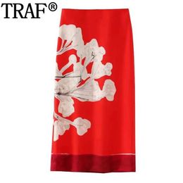 Skirts TRAF 2024 Print Red Long Leather Womens Middle Rise Pink Flower Midi Womens Retro Summer Pencil Leather Sewn Elegant LeatherL2405