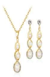 New Korean simple atmospheric alloy diamond pearl Pendant Necklace Earring Set Diamond59945169959037