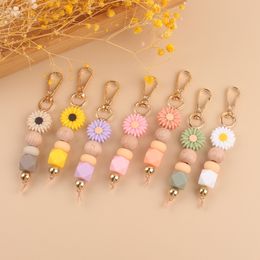 1pc Cute Daisy Flower Silicone Beaded Keychain Key Chain Ring Bag Backpack Charm Car Hanging Pendant Women Girls Gift