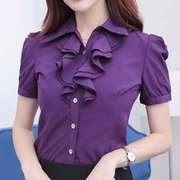 Women's Blouses Office Lady Turn-down Collar Tops Ladies Business Casual Shirts Solid Color Short Sleeve Clothing Buttons Slim