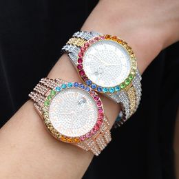 High Quality Hip Hop Colorful Watch 316L Stainless Steel Case Cover Full Diamond Crystal Strap Watches Quartz Wrist Watches Rapper Jewl 224S