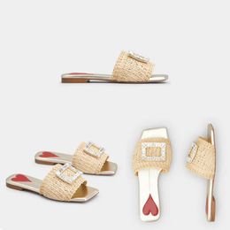 Raffia Slides Sandals Straw Mule Women Shoes Designer Slippers Summer Beach Slide Slipper Heart Mules Leather Insole Squared Toe Crystal Buckle Top Mirror Quality
