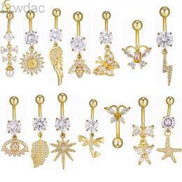 Navel Rings 14G Dangle Pendant Belly Button Ring Gold Colour Stainless Steel Barbell Golden Zircon Navel Earring Woman Sexy Piercing Jewellery d240509