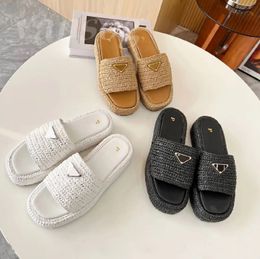 Top Quality Slippers Luxury Designer Casual Shoe Sandal Women Men Triangle Sliders Fashion Sandal Raffias Straw Weave Platform Shoes Slide Beach Pool Flat Slipper