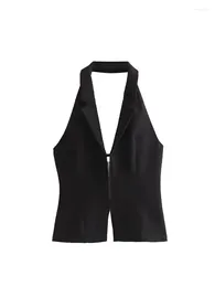 Women's Tanks 2024 Summer Female Trendy Solid Cropped Tops Sleeveless Backless Decorate Black Halter Neck Zipper Streetwear Causal Sexy