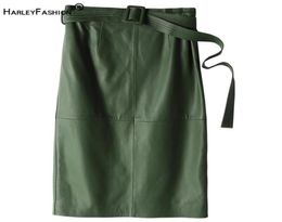 Fashion Winter Women Luxury PU Leather Skirt High Street Green Khaki Black Sheap Genuine Leather Touch Straight Skirt LJ8141134