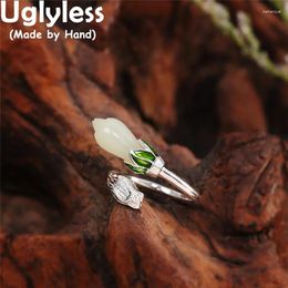 Cluster Rings Uglyless Natural Jade Magnolia For Women Vintage Enamel Green Floral Real 925 Silver Elegant Lady Dress Jewellery