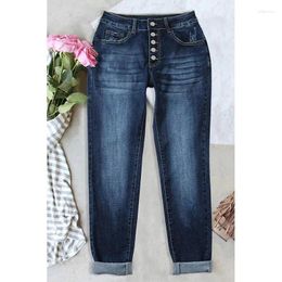 Women's Jeans Women's Pants 2024 Fashion Casual Bleach Wash Pencil Wear Mid Waist Pocket Hole Button Elastic