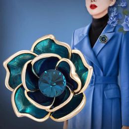 Brooches Fashion Blue Color Crystal Camellia Women Clothing Jewelry Party Accessories