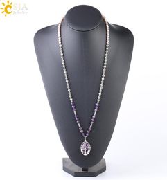 CSJA Natural Amethyst Gemstone Bead Long Necklace Feb Birthstone Crystal Jewellery for Women Energy Reiki Chakra Life Tree Stone Pen1671129
