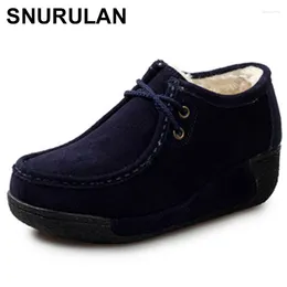 Boots SNURULAN Genuine Leather Platform Winter Women Shoes Warm Plush Wedge Woman Comfort Lace Up Casual Ladies ShoesE591