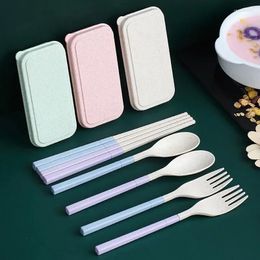 Dinnerware Sets 3PCS Wheat Straw Cutlery Set With Box Tableware Spoons Forks Chopsticks Detachable Portable Travel Camp Kitchen Accessories