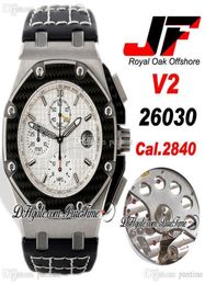 JF V2 Juan Pablo Montoya 26030 Carbon Fiber Bezel Steel Cal2840 A2840 Automatic Chronograph Mens Watch White Texture Dial Leather6992320