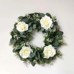 Decorative Flowers Wreaths Artificial Wreath Pure White Rose Green Leaves Eucalyptus Flowers Garland For Wedding Celebration Decoration