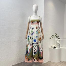 Casual Dresses Arrivals 2024 High Quality Flax Beach Style Shirred Hand Drawn Print Sleeveless Slip Pocket Midi Dress For Women