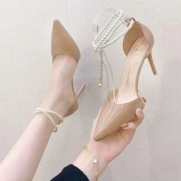 Dress Shoes 2024 New Summer Fashion Womens Pointed Toe High Heels Shallow Solid Colour Pearl Beaded Nude Zapatos H240509