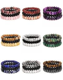 Beaded Strands 3Pcsset Natural Stone Bracelets For Women Men Fashion 8MM Beads Bracelet Sets Rose Quartzs Amethysts Sodalite Hem2712313