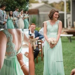 Mint Green Country Long Dresses with Sash 2021 Lace Chiffon V-Neck Culle Fairy Bohemian Garden Junior Bridesmaid Vords 0509