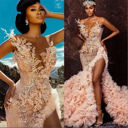 2024 Arabic Aso EBI Champagne Mermaid Wedding Dresses Lace Crystals Crystals Abiti da sposa lussuosi abiti da sposa 0509