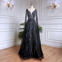 Party Dresses Serene Hill Arabic Black A Line Cape Sleeves V Neck Beaded Long Evening Gowns For Women Wedding 2024 GLA71960