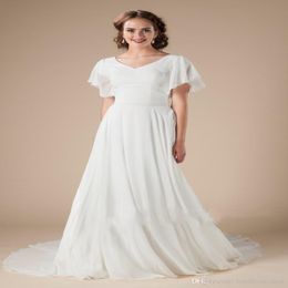 New Informal Boho Chiffon Modest Wedding Dresses With flutter Sleeves A-line Simple Bohemian LDS bridal Gowns Custom Made Reception 2215