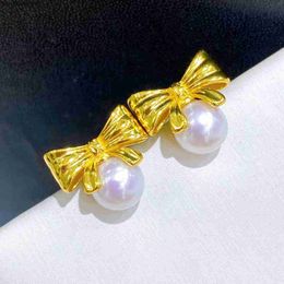 22090905 Diamondbox -Jewelry earrings ear studs white PEARL sterling silver bow knot ribbon aka 6.5-7 mm round gift girl au750 yellow gold plated nice {category}