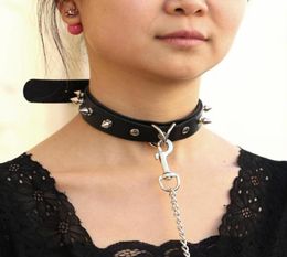 Chokers Sexy Rivet PU Leather Collar Lead Chain Towing Rope Bell Choker Slave Costume BDSM Bondage Necklace Neckband Sex Punk Goth3458727