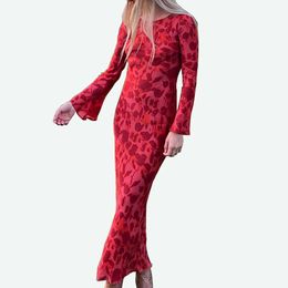 Holiday Party Print Long Dresses Women Summer 2024 Fashion Casual Long Sleeve Slim Vintage Boho Red Maxi Dress Elegant 240430