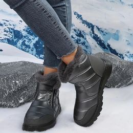 Boots Women Round Toe Flat Waterproof Reflective Snow Plush Lined Thermal Furry Rain Water Shoes