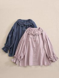 Women's Blouses Bust 138cm Vintage Ruffled Double-layer Collar Linen Shirt Women Long Sleeve Single Breasted Casual Tops WH0408-03