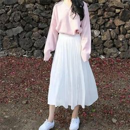 Skirts High Waist Elastic Pleated Skirt For Women Spring Summer Chiffon Casual Patchwork White Black Long A-Line 2024