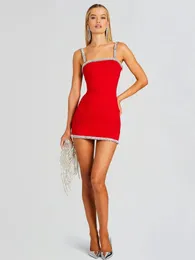Casual Dresses Women Summer 2024 Ins Sexy Black Red Sparkly Mini Bandage Dress Sleeveless Crystal Diamonds Elegant Evening Club Party