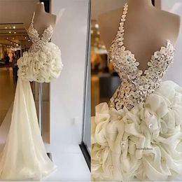 2024 Gorgeous Prom Dresses One Shoulder Strap Ruffles Mini Handmade Flowers Crystals Beaded Custom Made Evening Gown Formal Ocn Wear Vestidos Plus Size 0509