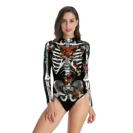 Women's Swimwear Nadanbao Halloween Woman Skull Printing Long Sleeved Swimsuit Female Holiday Party One Piece Suit Summer Bodysuit