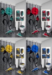 Floral Bath Mat and 180x180cm Shower Curtain Set Shower Curtain with Hooks Bath Rugs Anti Skid Bathroom Carpet Toilet Foot Pad Bat2682604