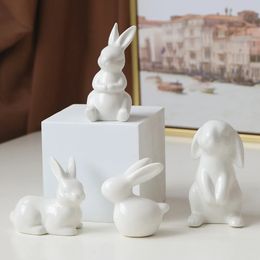 Ceramic Bunny Desktop Decor Cute White Rabbit Figurines Porcelain Cabinet Home Decoration Statue Ornament China Animal Landscape 240426