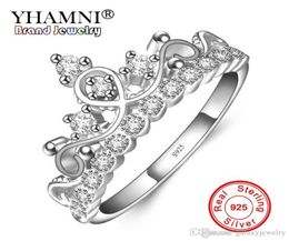 YHAMNI Original 925 Sterling Silver Crown Ring Princess Style Cubic Zirconia Jewellery Engagement Wedding Ring for Women ZR1783614687