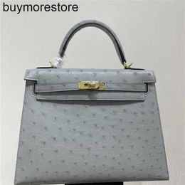 Top Cowhide Handbag Handmade Ostrich Leather Bag 25 Small with Lock Leather Bag Fashionable and Versatile Genuine Leather High end Grey BlueWFVI