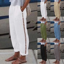 Women's Pants Capris Womens pure cotton linen loose leg pants 2023 spring/summer casual solid brushed elastic waist comfortable Trousers hollow design Q240508