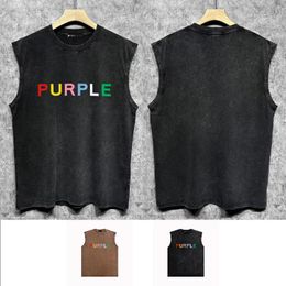 Purple Brand's new casual fashion sleeveless T-shirt ZJBPUR031 Colourful letters made old printed vest vest R96W90 men's and women's loose summer cool top