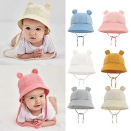 Caps Hats Spring and Autumn Solid Color Soft Baby Bucket Hat Cotton Fisherman Hat Childrens Summer Preschool Boys and Girls Panama Sun Hat New d240525